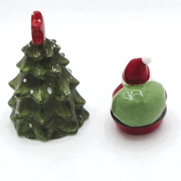 Ceramic Santa & Christmas Tree Salt & Pepper Shakers Set Plastic Bottom Seals - Picture 3 of 3